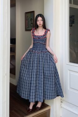 One-Shoulder Contrast Color Strap Dress with Dark Blue Wood Ear Edge - Spring Summer Heartbeat Long Skirt Fashion Dress