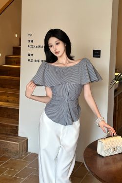 One-Shoulder Lace Striped Short Sleeve Shirt for Women - Elegant Waist-Defining Slim Top, 2025 Summer Style, Y2K Fashion