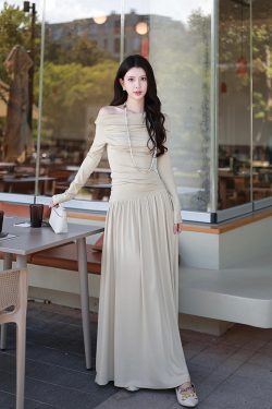 One-Shoulder Long Sleeve Knitted T-Shirt for Women in Green Orchid - Stylish and Versatile Y2K-Inspired Top