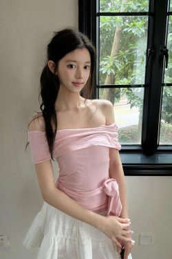 One-Shoulder Pink Tie-Up Slim Fit Top for Women - Hot Girl Vibe, Short Sleeve, Trendy Y2K Style