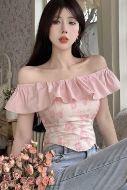 One-Shoulder Ruffle Top for Women, Sweet Spring Summer Top, Irregular Design, Chic French Style Tea Break Shirt