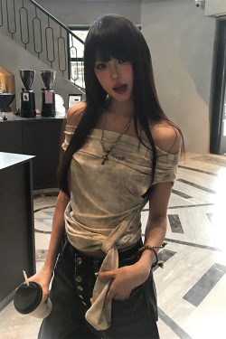 One-Shoulder Vintage Wash T-Shirt for Women, Slim Fit Short Sleeve Tee, Flattering Off-Shoulder Top, Y2K Summer Style