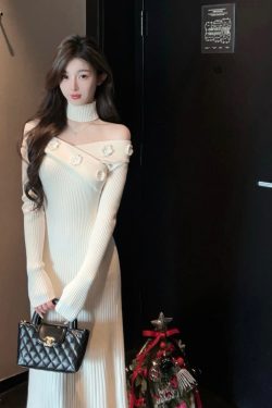 One-Shoulder White Knitted Sweater Dress - Knee-Length Thick Winter Fashion
