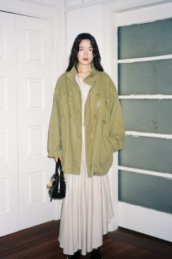 Oversized All-Cotton Twill Denim Jacket with Stand Collar - Mid-Length Casual Outerwear for 90s and Y2K Style