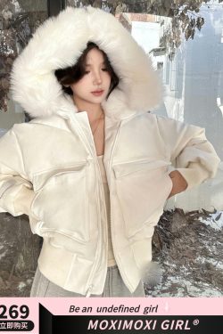 Oversized Black and White Hooded Pilot Jacket - Fluffy Cotton Coat, Thick Warm Outerwear for Y2K Style Fashion