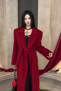 Oversized Tie-Waist Long Coat with Notched Lapel - Cool Sister Style, Loose Fit, Trendy Layering Piece for 90s and Y2K Fashion