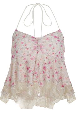 Pastoral Floral Crop Top - Irregular Lace Splicing Halter Neck Vest with Pleated Bust - Y2K Style Fashion