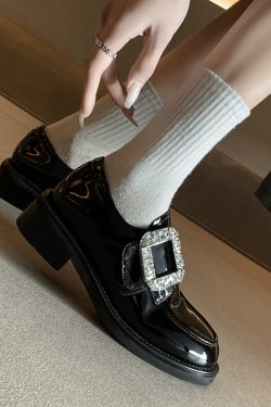 Patent Leather Flat Loafers with Rhinestone Square Buckle - Women's Low-Heeled British Style Shoes