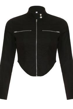 Personalized Street Style Short Irregular Arc Hem Jacket for Women - Functional Zip-Up Motorcycle Coat for Hot Girls
