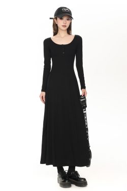 Petite Black Hepburn-Style Long Sleeve Dress for Women, Slim Fit U-Neck Design, 2025 Spring Fashion