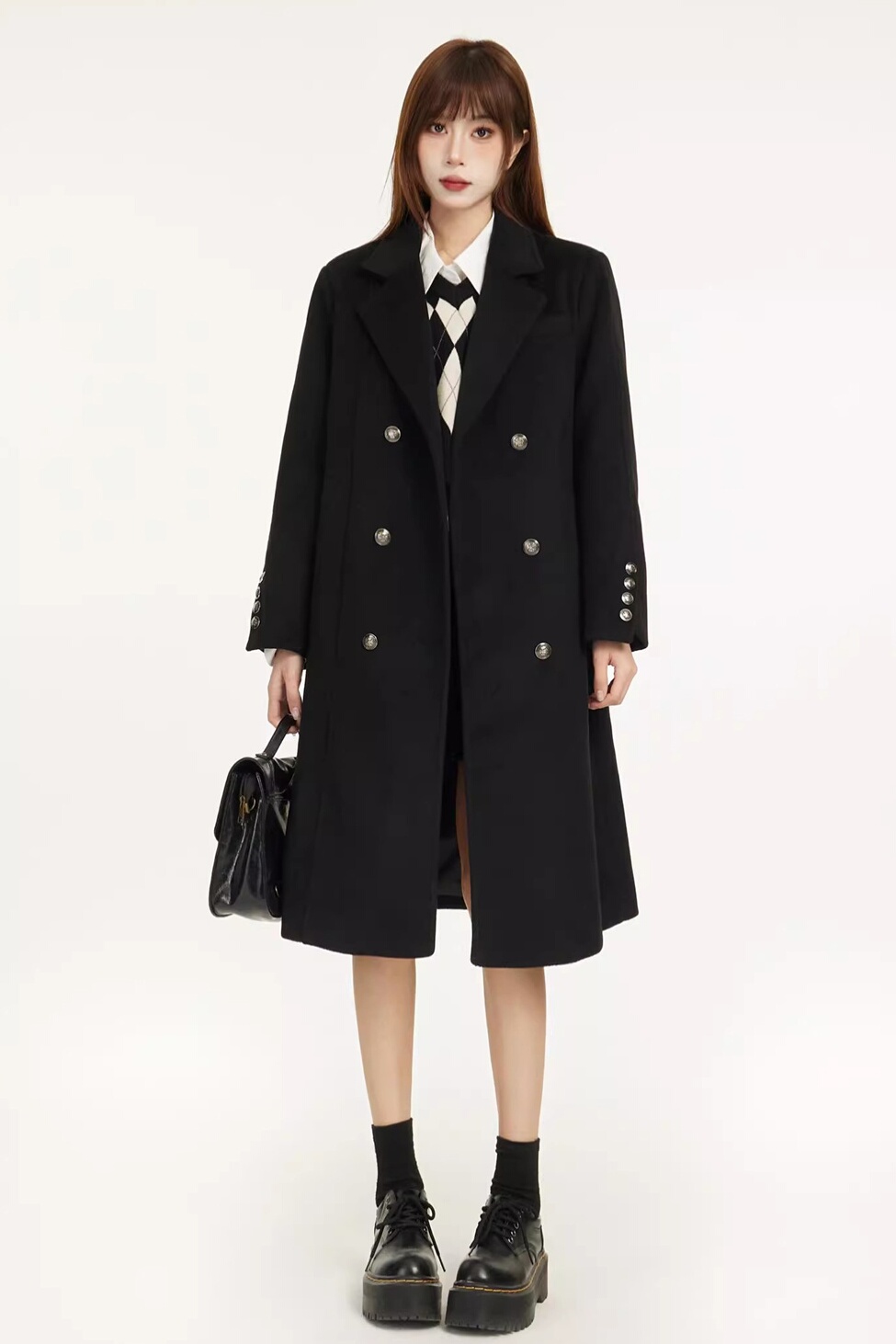 Petite Black Woolen Coat for Women, High-End Shoulder Design, 2025 Winter Outerwear, Chic and Stylish Layering Piece