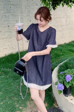 Petite Blue Denim Dress with Wood Ear Edges, Trendy Summer 2025 Style, High-End Korean Fashion for Women
