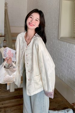Petite Chinese-Style Jacquard Coat for Women, Embroidered Round Neck Top, Spring 2025 Sweet Temperament Fashion