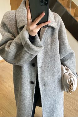 Petite Double-Sided Cashmere Gray Coat for Women, High-Grade Alpaca Wool Winter Overcoat