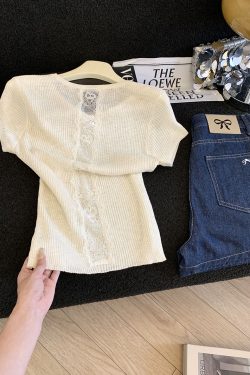 Petite Fitted Short Lace Hollow Back Top with Unique Short Sleeves - Stylish Women's Fashion for Effortless Chic Looks