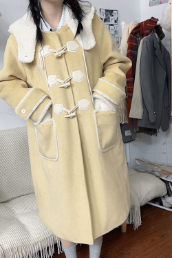 Petite JK Uniform Hooded Doll Collar Toggle Coat in Pink, Yellow, Black - Woolen with Cotton Blend - Trendy 90s Style