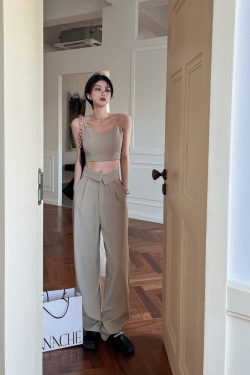 Petite Off-Shoulder Camisole & Casual Suit Pants Two-Piece Set - Stylish Outfit for Women, Perfect for 90s and Y2K Fashion Lovers