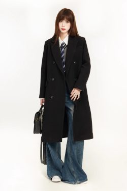 Petite Women's Black Woolen Mid-Length Coat, Tailored Design, High-End Spring 2025 Style, Chic & Elegant Outerwear