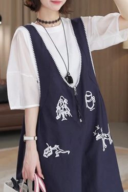 Petite Women’s Korean Style Embroidered Short Sleeve Top & Suspender Pants Set - Trendy Two-Piece Outfit for Summer 2025
