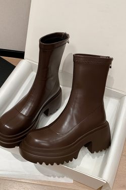 Petite Women's Waterproof High-Heeled Ankle Boots - Autumn/Winter Platform Style, Thick-Soled Elastic Design for Comfort