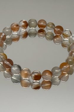 Phoenix Tail Pattern Rabbit Hair Crystal Bracelet with Brushed Pink and Gray Loose Beads - Natural Bohemian Style Jewelry