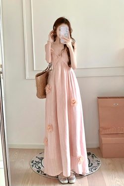 Pink 3D Flower Halter Dress - Long Beach Vacation Skirt with Sweet Temperament for Summer Photo Shoots