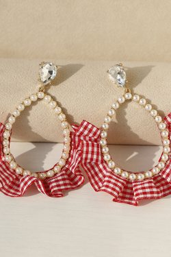 Pink Checkered Pastoral Pearl Water Drop Earrings - Cute and Elegant Lady Studs for Fashionable Outfits