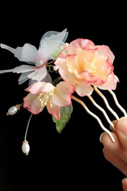 Pink Floral Hanfu Headdress Hair Comb with Butterfly Hairpin - Sweet Qipao Tang Style Hair Accessory for Girls