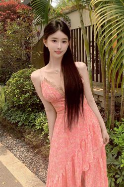 Pink Floral Lace Patchwork Spaghetti Strap Dress - Sexy Fitted A-Line Skirt for Travel & Photo Shoots, Perfect for Summer Events