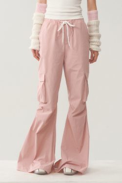 Pink Loose Fit Flared Work Pants for Women - Casual BF Style Airy Trousers for Weekend Wear