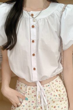Pink Puff Sleeve Short Blouse for Women with Waist Drawstring, Summer Fashion for Petite Figures, Trendy and Unique Style