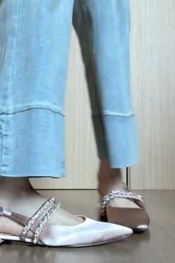 Pink Sheepskin Open-Toe Sandals for Women, Rhinestone One-Strap Pointed Flats, Summer Fashion, Chic Luxury Style