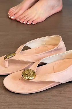Pink Sheepskin Summer Sandals 2025 - French Metal Buckle Thong Flats for Women, Trendy and Comfortable Footwear