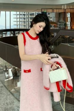 Pink Sleeveless Chanel Style Dress for Women - Elegant Long Vest Dress with Winter Dopamine Design, Perfect for 90s and Y2K Fashion