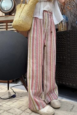 Pink Striped Casual Pants for Women - 2025 Summer Korean Style Loose Straight Trousers