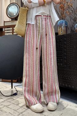 Pink Striped Casual Pants for Women - 2025 Summer Korean Style Loose Straight Trousers