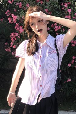 Pink Striped Short Sleeve Shirt for Women - Summer Collared Top, Loose College Style, Trendy Sweet Outfit