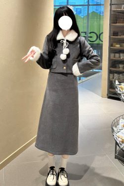 Pink Thick Short Coat and Skirt Two-Piece Set - JK Style Petite Winter Outfit with Pudding Bear Design