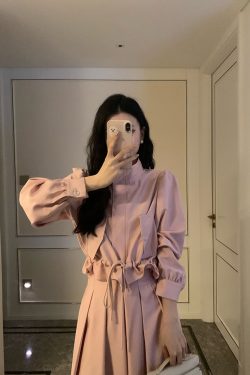 Pink Waist-Defining Trench Coat and Elastic Waist Midi Skirt Set - 2025 Early Spring Fashion, Chic Layering Essentials