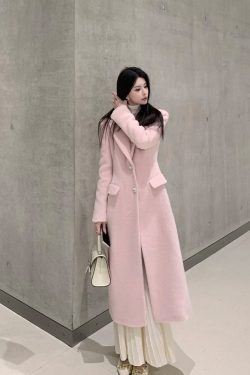 Pink Wool Coat for Women, Waist-Defining Elegant Overcoat, High-End Winter Style, Chic Fashion, Sophisticated Outerwear
