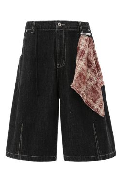 Plaid Fabric Decoration Vintage Straight Leg Raw Color Denim Capris - Summer 2025 Trend, American Style