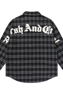 Plaid Gothic Text Patchwork Long-Sleeve Shirt - American Street Style, Embroidered Design, Edgy 90s Aesthetic Fashion Top