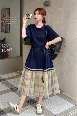 Plaid Patchwork Short Sleeve Dress for Women - 2025 Summer Korean Style College Fashion, Loose Fit, Trendy Long T-Shirt Dress