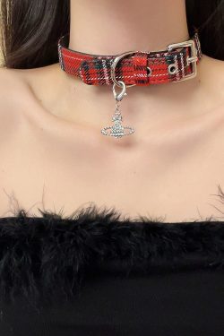 Plaid Star Chain Red Choker Collar Y2K Necklace - Cool Subculture Accessory for Trendy Girls