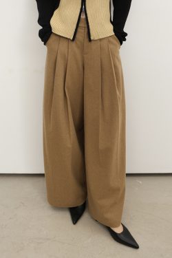 Plain High-Waist Woolen Double-Pleat Wide-Leg Loose-Fitting Long Pants for Effortless Style