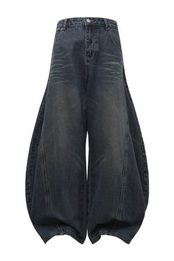 Pleated Curved Blade Vintage Wide-Leg Jeans with Natural Cat Whiskers and Banana Scythe Design - Y2K Fashion Statement Pants