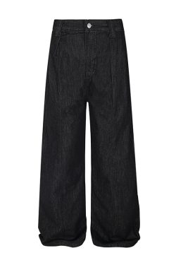 Pleated Original Denim Wide-Leg Curved Blade Jeans with Double Side Seam – Trendy Vintage-Inspired Fashion for Effortless Style