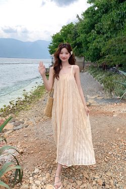 Pleated Spaghetti Strap Beach Dress for Women - Summer Fairy Seaside Vacation Long Skirt, Boho Style, Perfect for 90s Y2K Fashion