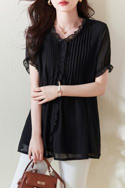 Plus Size Chiffon Short-Sleeve Women's Korean-Style V-Neck Top, Loose Fit Mid-Length Black Shirt for a Slimming Look, Belly Coverage
