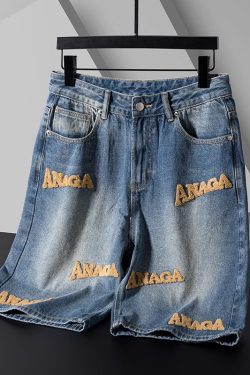 Plus Size Men's Vintage Letter Embroidered Denim Shorts - Casual High-End Straight Leg Mid-Length Summer Trousers